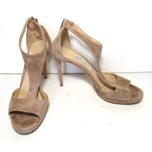 Jimmy Choo Lana T Strap Shoes Sandals Heels 39 1/2 Women Tan Suede